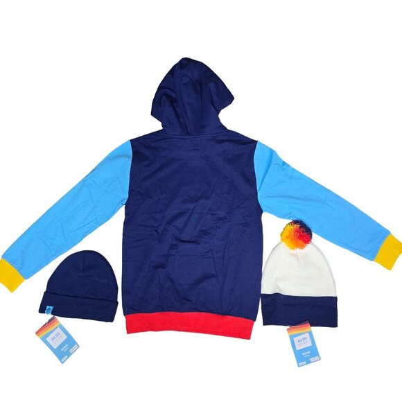 Aldi Gear NWT Hoodie & 2 Beanies Set size S Blue Red Yellow Orange - Picture 2 of 6